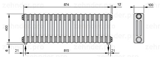 Схема (чертеж) Радиатор Zehnder Charleston 3040/19 №3570 Белый глянцевый RAL 9016